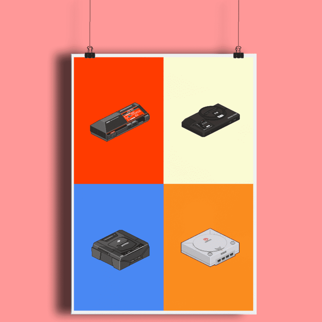 Pixel Art Game Consoles Sega Saturn Master System Megadrive Genesis Dreamcast Fine Art Print A2
